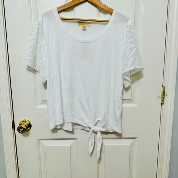 MICHAEL KORS SHEER SHORT SLEEVE TIE BOTTOM WHITE T-SHIRT - Picture 1 of 7
